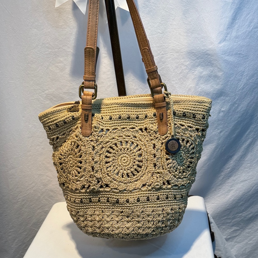 Woven Crochet Tote Bag with Leather Straps - Beige